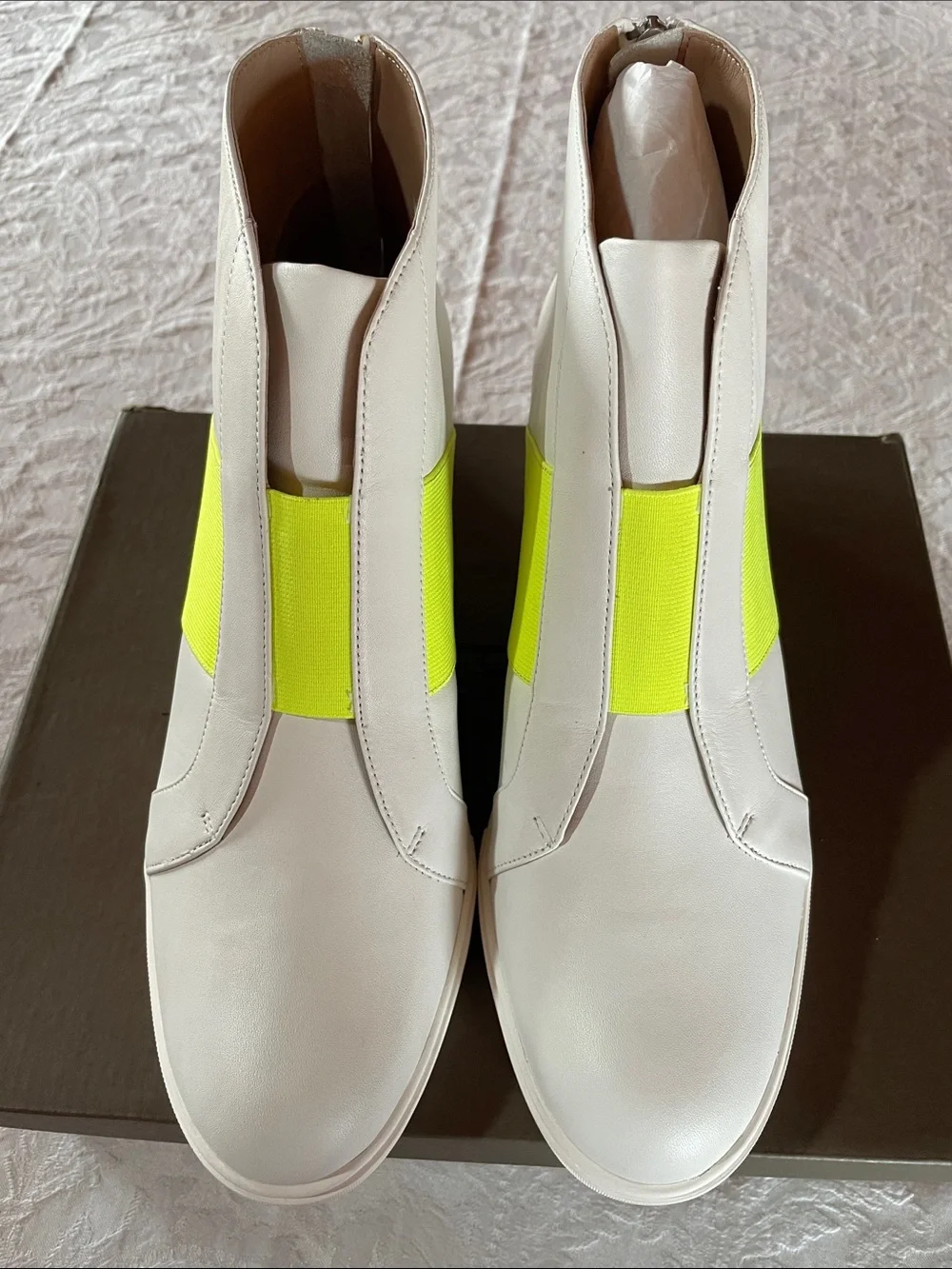 Paolo White Soft Calf Leather Ankle Boots with Neon Yellow Elastic Panels Sz 11M